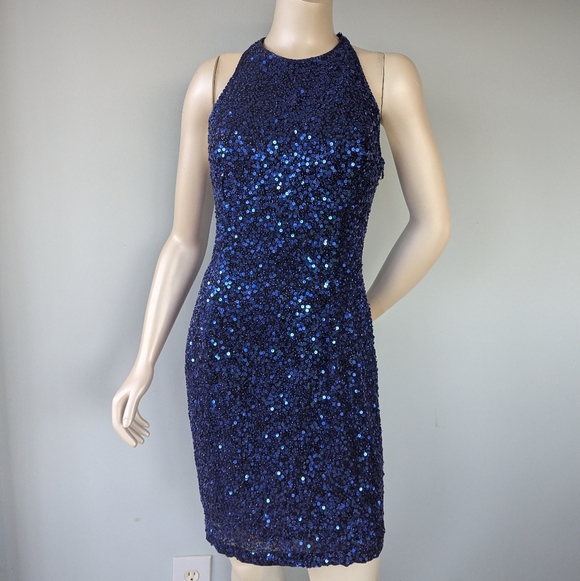 Vintage Oleg Cassini Neiman Marcus Blue Sequin Beaded Silk Cocktail Dress - Picture 3 of 12